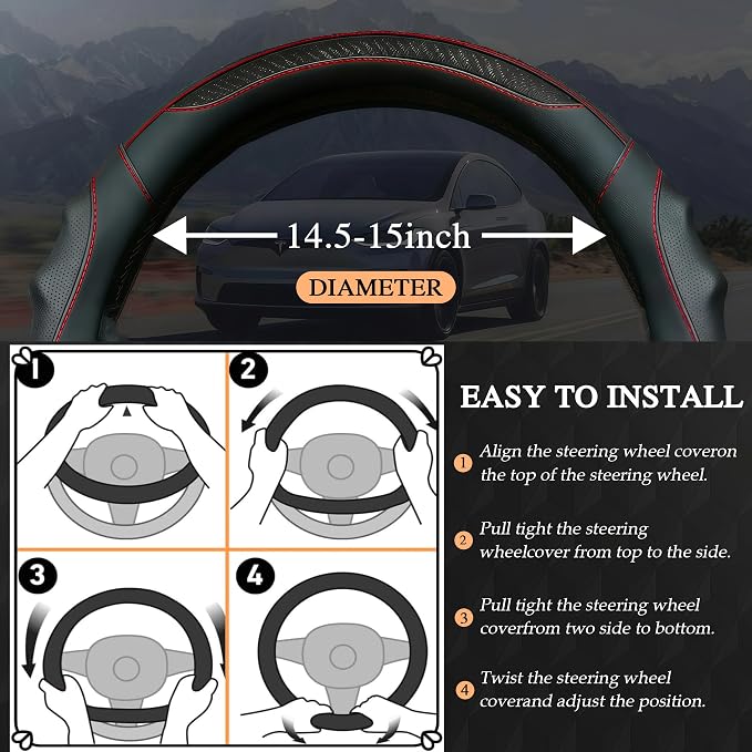 Leather Car Steering Wheel Cover, 14.5-15Inch Anti-Slip Steering Wheel Cover, Universal for Cars Truck SUV, Car Accessories (Black - red line)