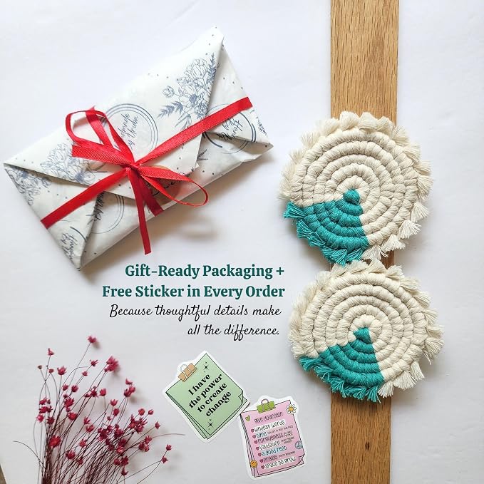 Cotton Car Coasters for Cup Holders, 2PC Car Cup Coasters, Drink Coaster Holder, Cute cupholder Coaster Accessories for Women, Macrame, Boho (Ocean Breeze)
