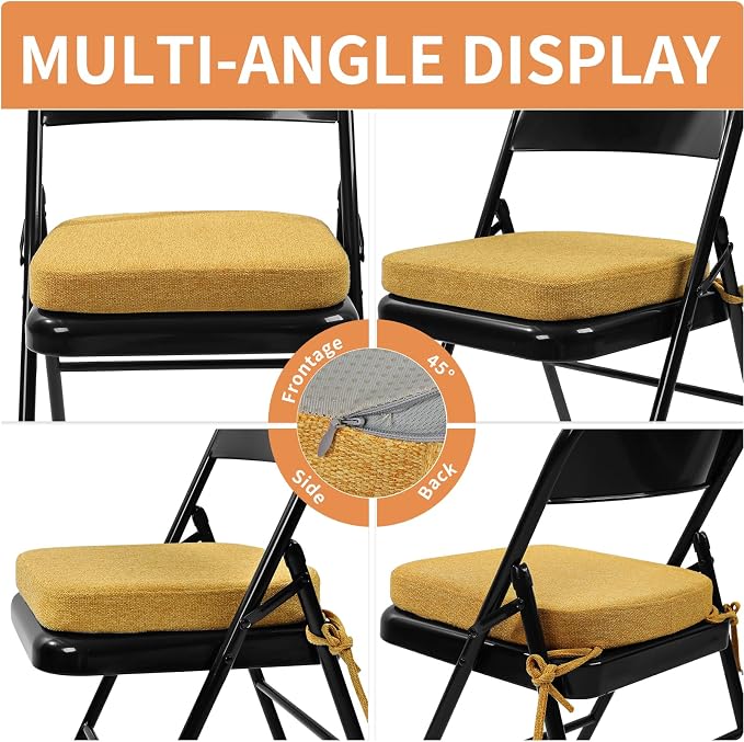 SINOSSO Memory Foam Chair Cushions for Folding Chairs 6 Pack, Thickened 2" Square Pads with Ties for Kitchen Chairs, Indoor Non-Slip Dining Chair Seat Cushions (Set of 6, Yellow)