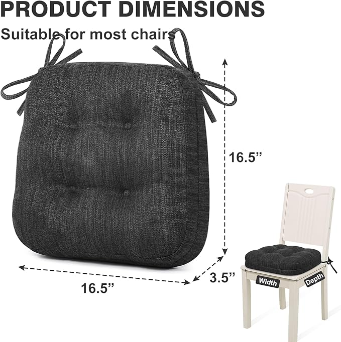 Shinnwa Dining Chair Cushions Set of 2, Dual-Layer Memory Foam Kitchen Chair Cushions, Patented Design Seat Pads with Ties, 16.5 x 16.5 x 3.5in, 2 Pack, Charcoal