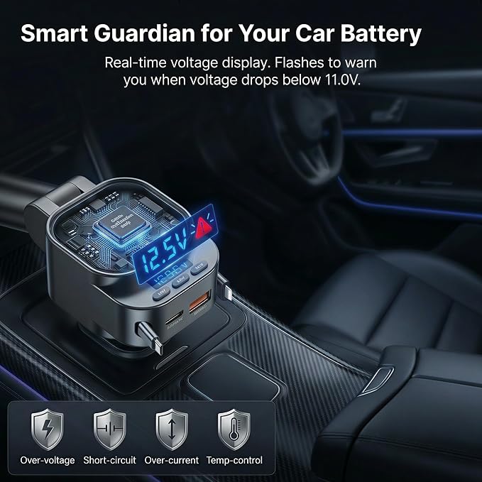 Bluetooth 5.3 Car Adapter, 96W FM Transmitter, 4-in-1 Retractable Charger | 96W Fast Charging | Bluetooth 5.3 Auto-Reconnect | 2 Retractable Cables (USB-C+Lightning) | 2 USB Ports | AUX+FM