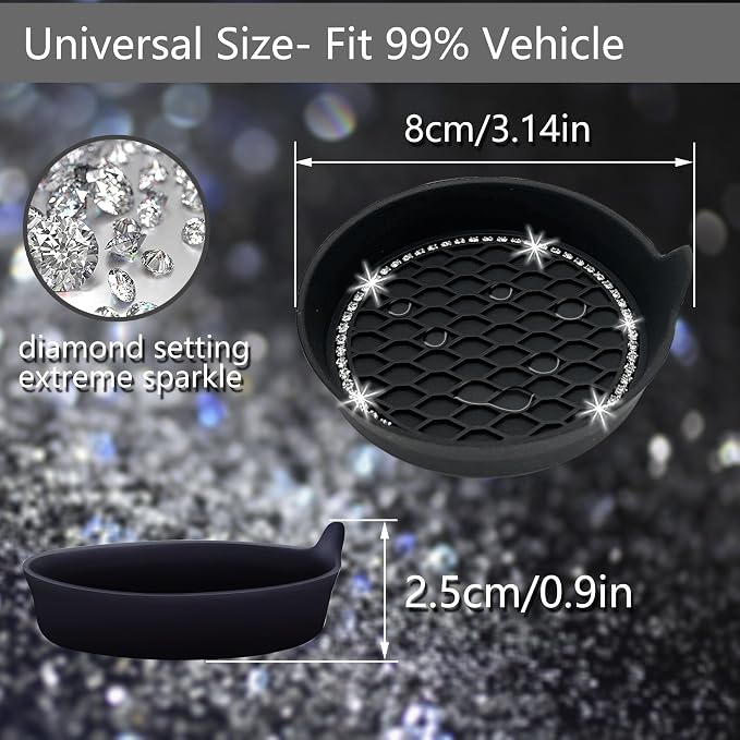 NBTEPEM 2PCS Bling Car Coasters, Non-Slip Insert Water Bottle Holder Pads, Bling Crystal Rhinestone Dustproof Automotive Interior Accessories, Universal for Vehicles, Trucks, RVs (2 pcs, Black)