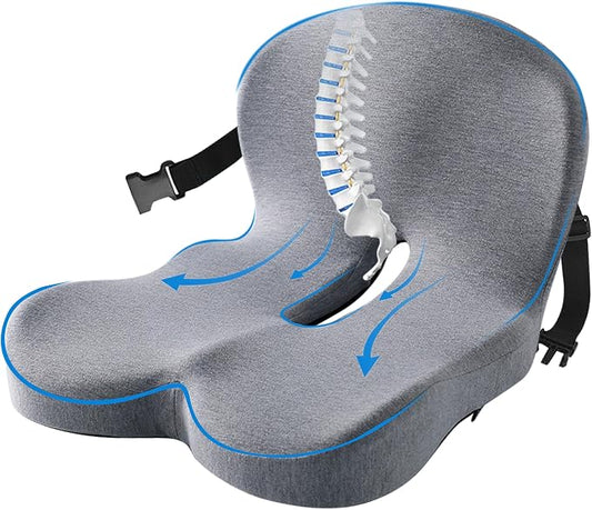 Back and Seat Cushion for Office Chair, Light Grey | Wide ergonomic memory foam, coccyx cutout & adjustable straps, tailbone & back relief, non-slip for car, home & gaming