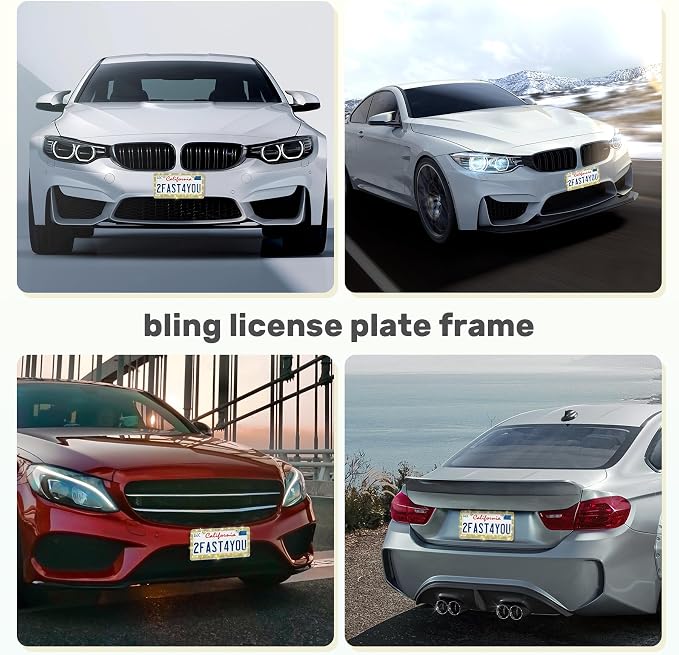 QUANQIUFEI 2 Pack Bling License Plate Frames, Sparkly Rhinestone Diamond Car License Plate Cover for Women, Stainless Steel Car Accessories with Glitter Crystal Caps (Golden)