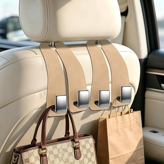 Amooca Car Headrest Hooks, Premium Suede with Metal Car Seat Back Storage Hooks for Handbag Coats Umbrella Backpack - 4 Pack, Beige