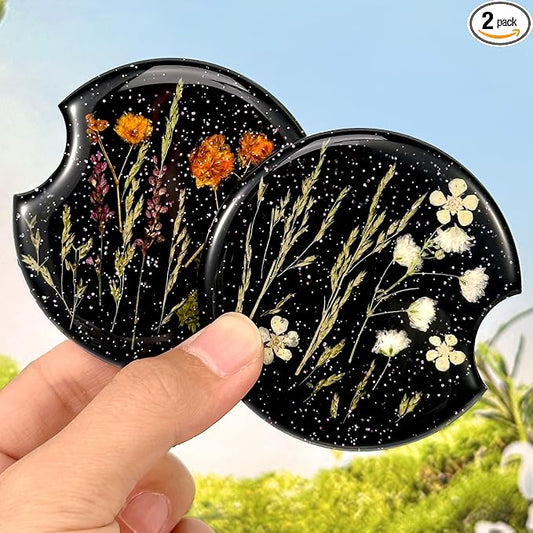 Swooflia Flower Car Cup Holder Coasters for Women - 2.75 Inch Cute Resin Clear Automotive Drink Cupholder Insert Car Accessories 2 Pack Black White