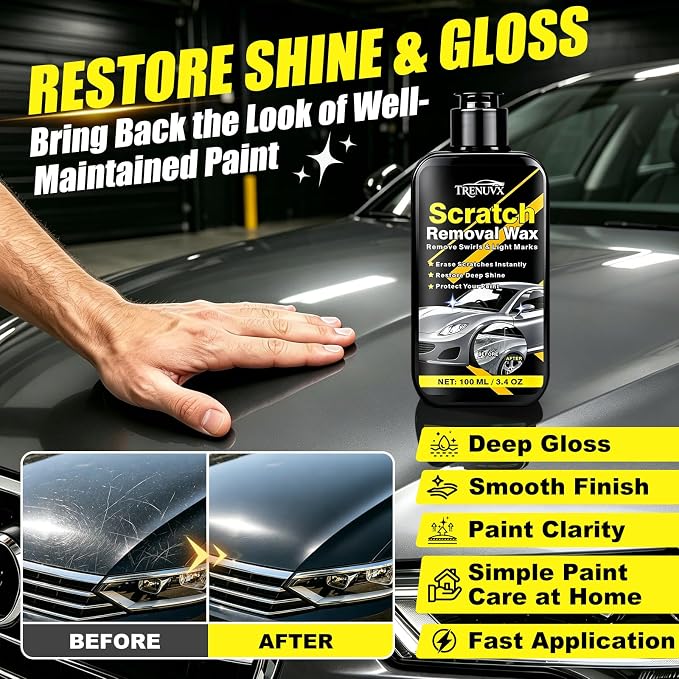 Car Scratch Remover, Scratch Remover for Vehicles, Scratch Removal Wax, Car Paint Scratch Repair, Helps Reduce Minor Scratches and Swirl Marks, Restores Gloss and Shine, 3.4 fl oz/100ml