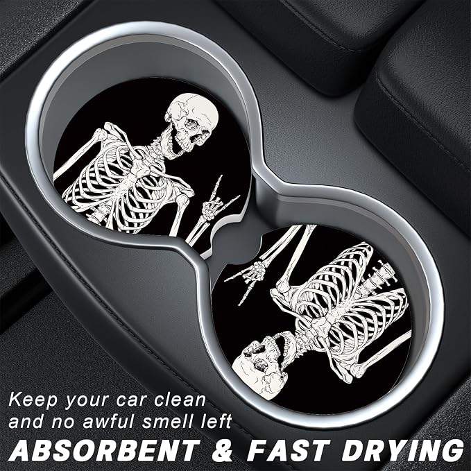 Aiawoxc Car Cup Holder Coasters, 2 Pack Universal Auto Anti Slip Insert Coaster with A Finger Notch, Cup Mat for Most Car Interior, Skull