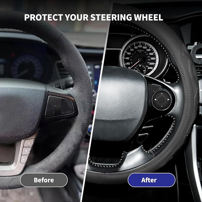 Steering Wheel Cover with Anti-Slip Leather Grip Compatible with Ford, Toyota, Honda, Nissan, and Chevrolet Vehicles for 14.5-15.35 inch Round Steering Wheels Universal Car Accessories