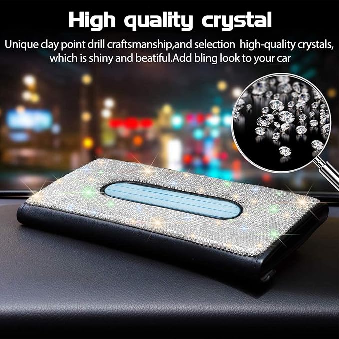 Bling Car Sun Visor Tissue Box Holder, Rhinestone PU Leather Crystal Sparkling Napkin Holder, Backseat Paper Towel Cover Case Car Accessories for Women (White)