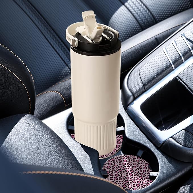 2 Pack Car Coasters for Cup Holders, Absorbent Ceramic Cup Coaster with Cork Base and Finger Notch, Cute Car Accessories Interior for Women Men (Leopard-Pink)