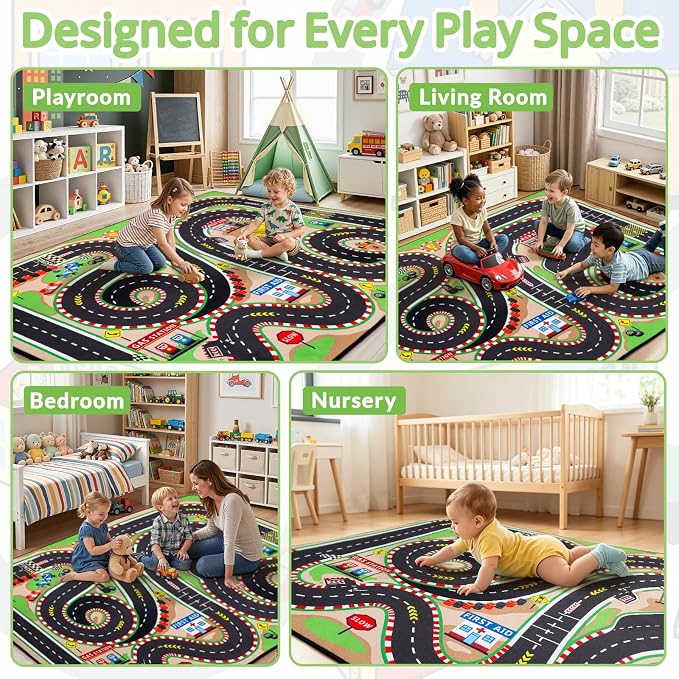 Kids Rug, 4x6 Ft Race Track Car Rug for Kids | Extra Thick 0.4in Soft Non-Slip Racing Car Carpet Play Rug with 3D Track Design for Toy Cars, Playroom, Bedroom &Nursery