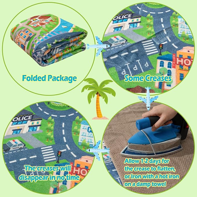 Car Rug Play Mat for Kids Toy Cars, Road Traffic Playmat for Kid Bedroom, Non-Slip Machine Washable Town City Race Track Carpet for Learn and Have Fun 3'x4'/ 36"x48"