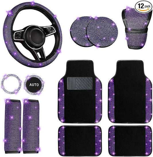 NBTEPEM 12 Pcs Bling Car Accessories Set for Women Car Floor Mats Full Set Steering Wheel Cover Seat Belt Covers Coasters Universal Fit Car SUV Truck Van Purple