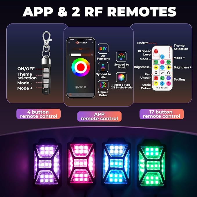 16 Pods Five Sided RGB Rock Lights for Trucks UTV SUV ATV Golf Cart, Multi Chasing Color App/2 Remote Control Led Rock Lights with Music Mode, Waterproof Exterior Underglow Kits for Cars(Patented)