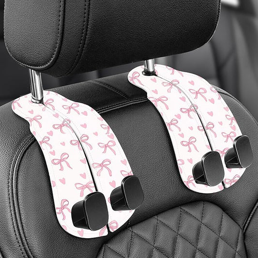 WOCOCN Purse Holder for Car, 2 Pack Heavy Duty Purse Hanger for Car, PU Leather Car Seat Hooks for Purses and Bags, Cute Pink Bow Headrest Organizer for Handbags & Backpacks