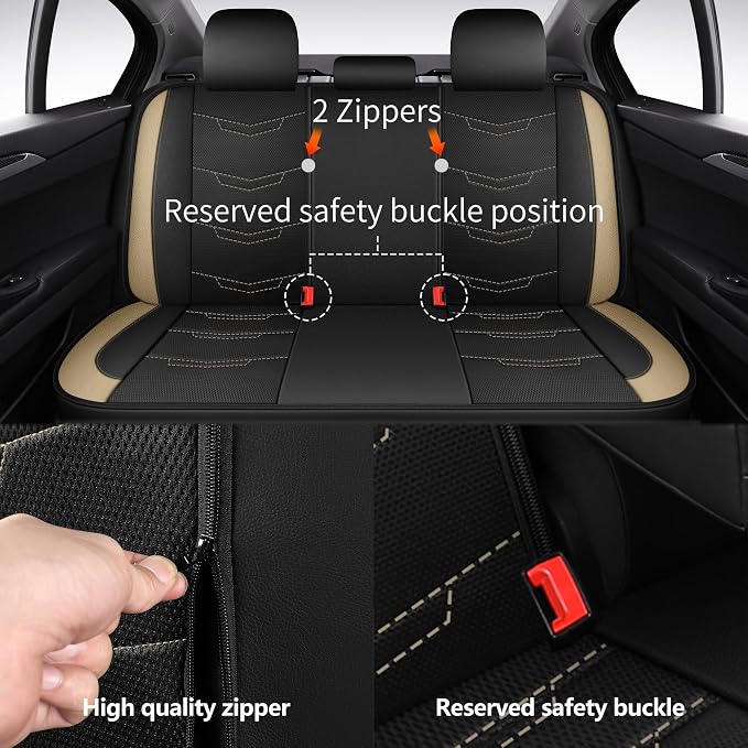 HChengkikz Car Seat Cover, Breathable and Sporty (Black + Beige) | Leather, Universal Fit for Most SUVs, Cars, Sedans, Trucks, Airbag Compatible, Easy to Install
