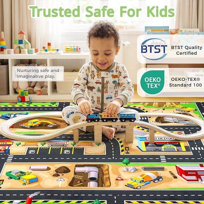 Kids Rug, 6x9 Ft Construction Play Rug for Kids | Extra Thick 0.4in Soft Construction Site Play Rug with Non-Slip Rubber Backing,Machine Washable for Bedroom & Playroom