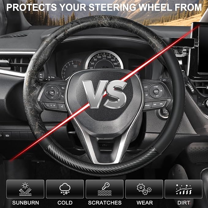 SEG Direct Car Steering Wheel Cover Standard Medium Size 14 1/2-15 inch, Non-Folding Packaging, Heavy Duty, Non-Slip, Black Microfiber Leather with Carbon Fiber Pattern