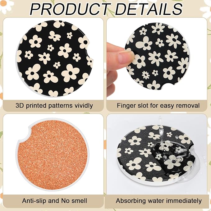 Boao 4 Pcs White Flower Car Cupholder Coasters for Valentine's Day, Ceramic Coasters 2.56'' Anti Slip Base with Finger Notch for Dry Clean, Car Interior Accessories, Birthday Gifts