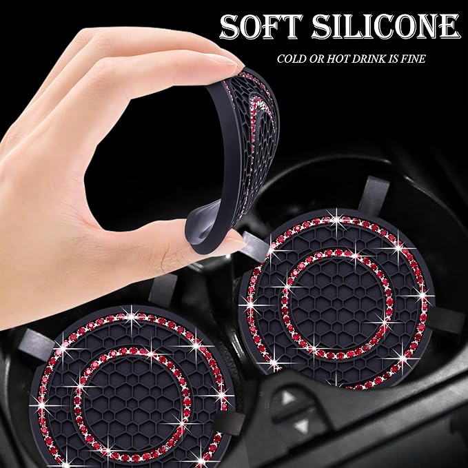 2PCS Bling Crystal Rhinestone Cup Holder Coaster, 2.75 inch Soft Silicone Anti-Slip Shockproof, Car Cup Holder Insert Coasters, Universal Car Interior Accessories for Women (Black & Red)