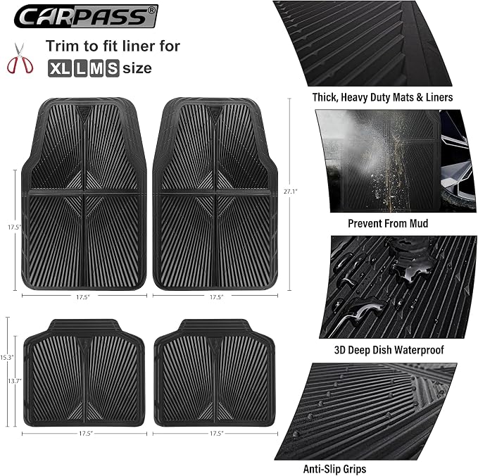 CAR PASS Rubber Car Floor Mats, All Weather Waterproof Car Mats, Universal Trim to Fit for Automotive, SUVs, Trucks, Vehicles, Anti-Slip Easy Clean, Heavy Duty Full Set 4 Piece, Black
