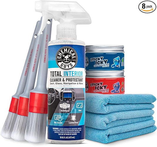 Chemical Guys 9-Piece Interior Car Cleaning Kit with Total Interior Cleaner | Sticky Icky Car Cleaning Gel, detailing brushes, and microfiber towels, complete car interior cleaning and refresh bundle