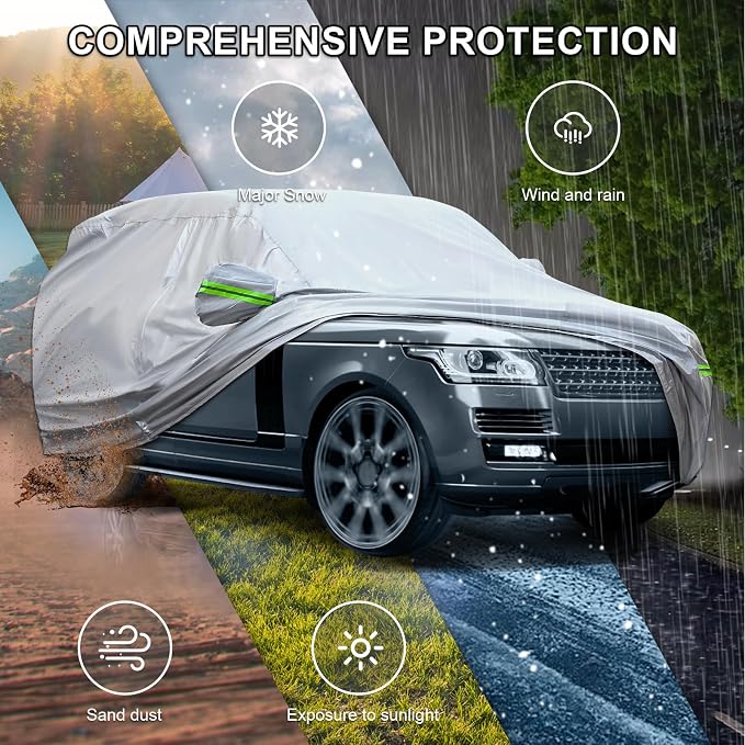 Full Car Cover Universal 6 Layers Outdoor Thicked All Weather Cover, Sunshield, Waterproof, Snow Proof, UV Proof, Scratch Proof, Bird Droppings, 6 Reflective Strips, Fits Sedans up to 181"