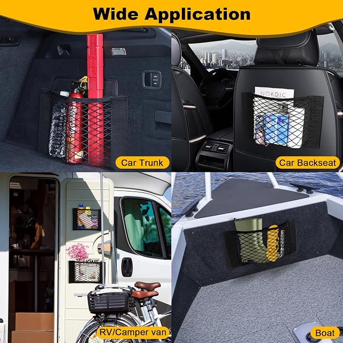 PIFOOG 4Pcs Car Storage Net Pockets, Stretchable Mesh Cargo Net Organizer with Adhesive Hook and Loop Strips, Universal Trunk Back Seat RV Camper SUV Truck Storage Pouch, 11.8" x 9.8" & 15.7" x 9.8"