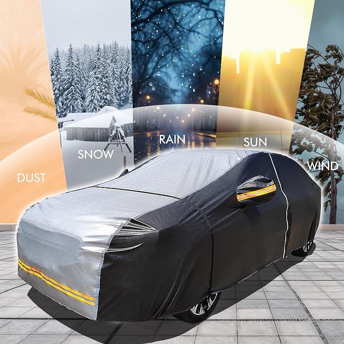 6 Layers Car Cover Waterproof All Weather Car Cover Waterproof All Weather, Outdoor Full Exterior Cover Rain Sun UV Snowproof Protection with Zipper Cotton for Sedan (173-183 inch)