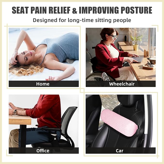 Coeyese Lumbar Roll Pillow for Lower Back Support, Light Pink, 11 * 4.3'' | Removable Pillowcase, Upgraded Adjustable Strap, Suitable for Office, Chair, Car, Seat Pain Relief & Improving Posture