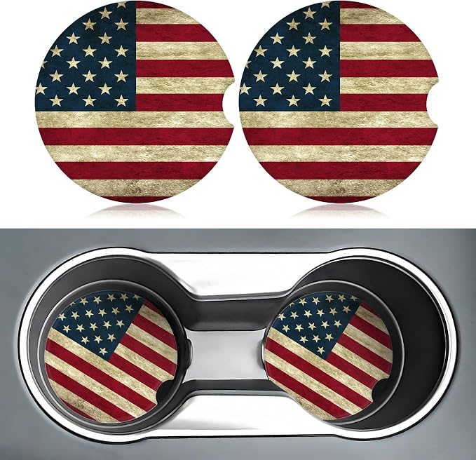 American Flag Car Coasters for Cup Holders,2 Pack Car Cup Holder Coasters for Car,Ceramic Absorbent Car Coaster with A Finger Notch and Cork Base,Car Interior Accessories for Women Men