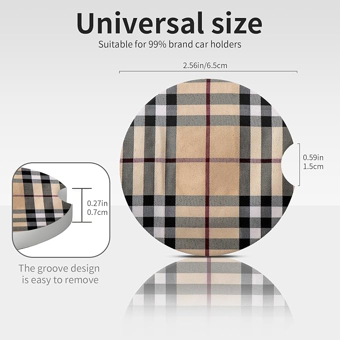 Car Coasters for Cup Holders, Car Cup Holder Coaster, Cute Car Accessories for Women Interior, 2PCS Cup Holder Coasters for Car, Anti Slip Rubber Cup Mat with A Finger Notch(Beige Plaid)