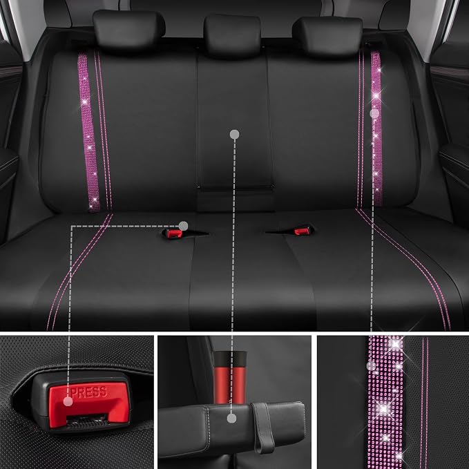 CAR PASS Bling Diamond Car Seat Covers Full Set, Shining Rhinestone Waterproof Faux Leather, Rear with Zipper, Universal Fit Automotive Glitter Crystal Sparkle Strips for Women Girl, Black Pink