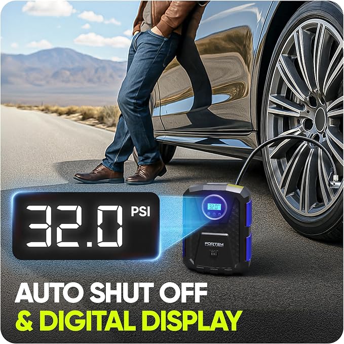 FORTEM Tire Inflator Portable Air Compressor, Air Pump for Car Tires and Bikes, Car Tire Pump w/Auto Shut Off, 150 PSI, 12V DC, LED Light, Carrying Case, Perfect For Men, Women
