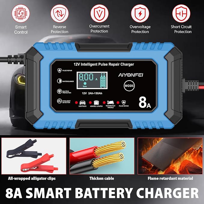 12V Battery Charger 8-Amp Smart Trickle Charger, Blue | Battery Maintainer and Desulfator, Temperature Compensation, for Car, Truck, SUV, Motorcycle, Boat, Lead Acid, LiFePO4
