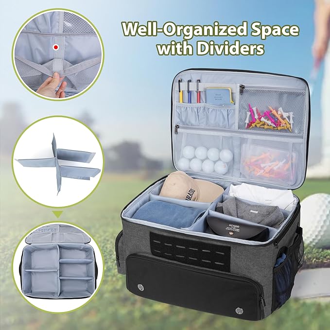 GOBUROS Golf Trunk Organizers for Car Truck SUV, Golf Storage Bag for Men | Golf Car Locker Organizer with Compartment for Shoes Up to US Mens 16, Golf Shoe Bag for Balls Tees Glove Accessories