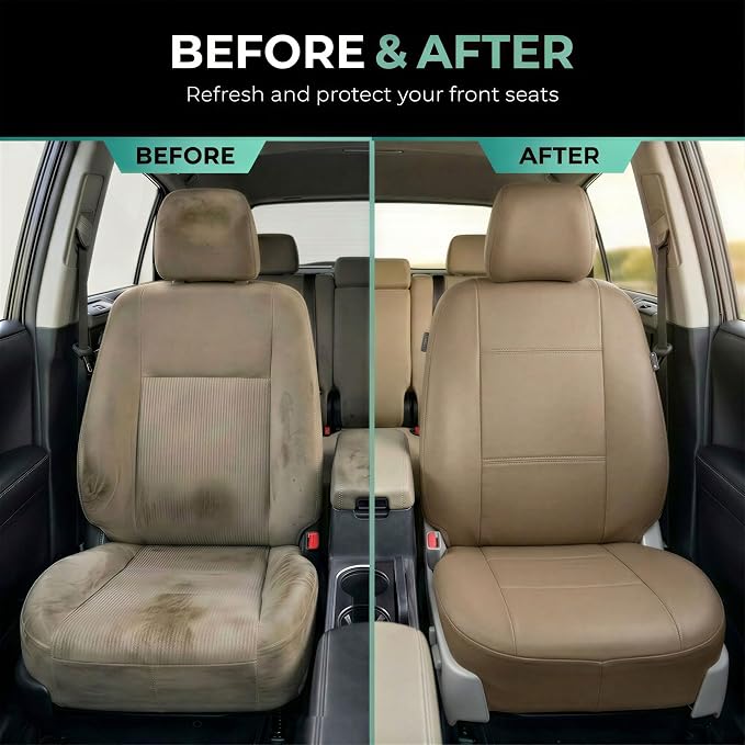 FH Group Car Seat Covers PU Leather Automotive Seat Covers Front Set, Tan Seat Covers Pair Set with Gift Universal Fit Interior Accessories for Cars Trucks and SUVs