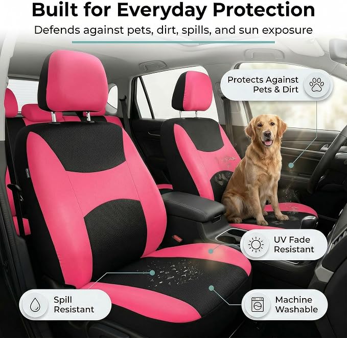 FH Group Universal Car Seat Covers Front Set for SUV Truck Sedan Vans | Waterproof All-Purpose Cloth Seat Cover Set Airbag Compatible Washable Split Bench Protector Interior Upgrade - Pink
