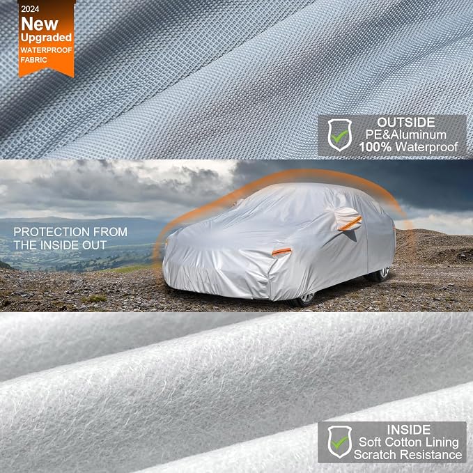Kayme 6 Layers Car Cover Custom Fit for Honda Accord Sedan/Coupe (2001-2025) Waterproof All Weather for Automobiles, Outdoor Full Cover Rain Sun UV Protection with Zipper Cotton/Silver
