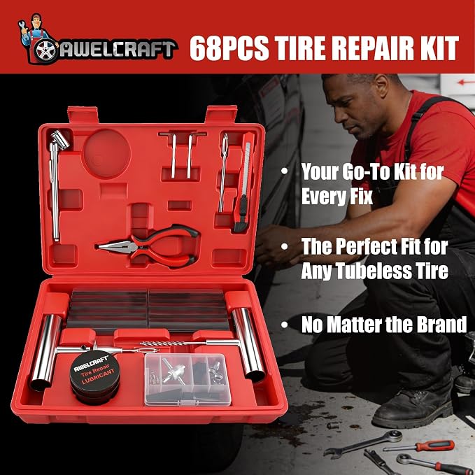 AWELCRAFT 68-Piece All-in-One Heavy Duty Tire Plug Kit – Professional Tire Repair Set, T-Handle Tools, Valve Kit, 40 Plugs, Pliers, Knife – Universal for Car