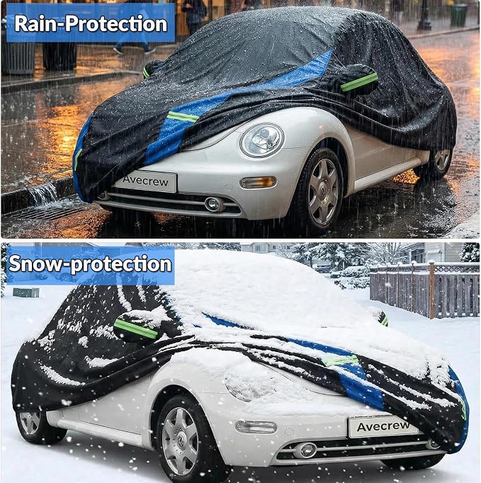 Avecrew Car Cover Custom Fit for VW Beetle, Waterproof All Weather Full Exterior Cover Rain Snow Protection Cover with Side Door Zipper Design