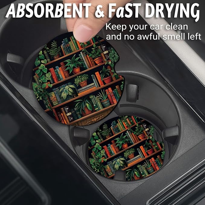 Yonlevres Car Coasters for Cup Holders，2.75" Universal Size Anti Slip Rubber Mat with A Finger Notch, 2 Pack Cup Holder Coasters for Car Interior Accessories for Women Men Vintage Bookshelf