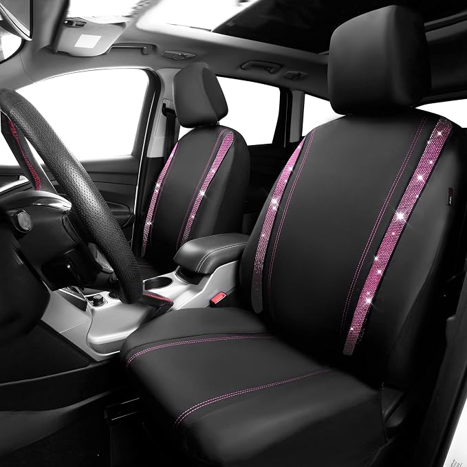 CAR PASS Leather Bling Diamond Car Seat Covers 2 Front Interior Sets, Waterproof Universal Shining Glitter Crystal Sparkle Fit for Automotive Truck SUV Cute Women Girl, Black Pink Rhinestones