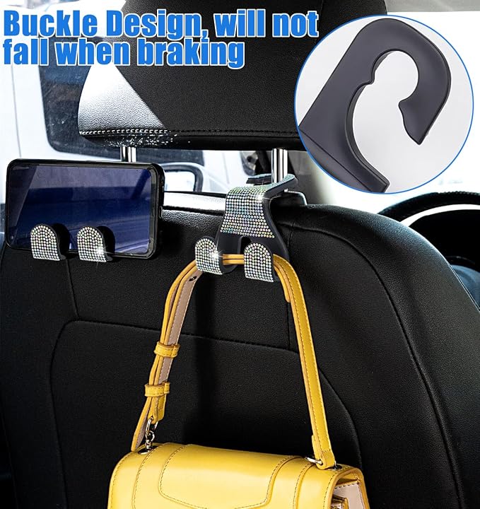 Bling Car Purse Hooks 2Pcs, Rhinestones Car Headrest Hook Backseat | Double Hooks,Holds 44Lbs,Wide Opening,Durable Nylon,Car Seat Hook,Purse Holder,Bling Car Accessories for Women,AB