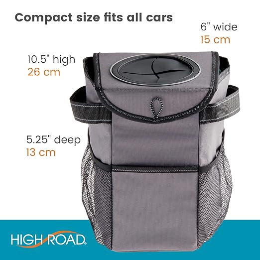 High Road StashAway Heavy Duty Car Trash Can with Rubber Lid, 3 Storage Pockets and Sturdy Panels for Stable Floor or Hanging Seatback Use (Gray)