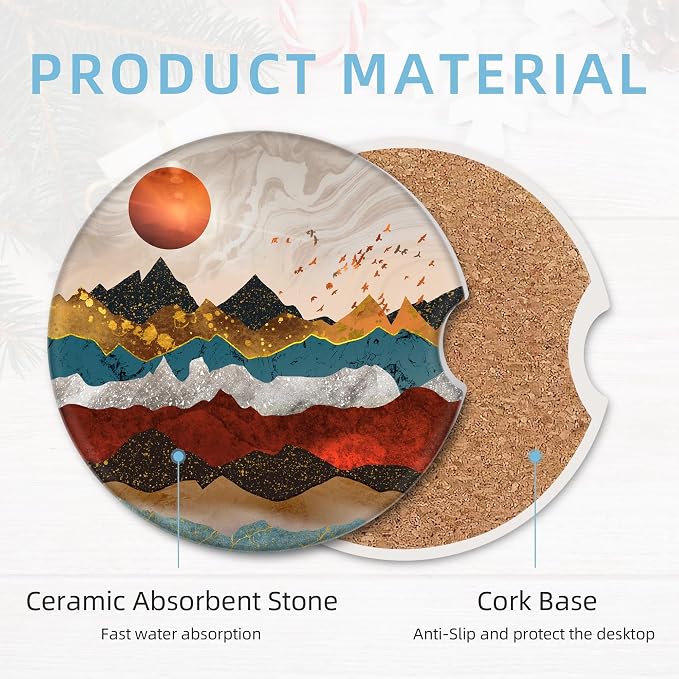 2 Pack Car Coasters for Cup Holders, 2.56" Universal Absorbent Ceramic Stone Car Cup Holder Coasters with Non-Slip Cork Base, Car Interior Accessories for Women Men(Mountains Nature Scenery)