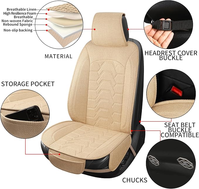 Linen car Seat Covers Breathable Cloth Fabric Seat Protector Front seat Covers Universal Fit for 95% Automotive, Car, Van, SUV, Trucks（（Beige，2PCS）