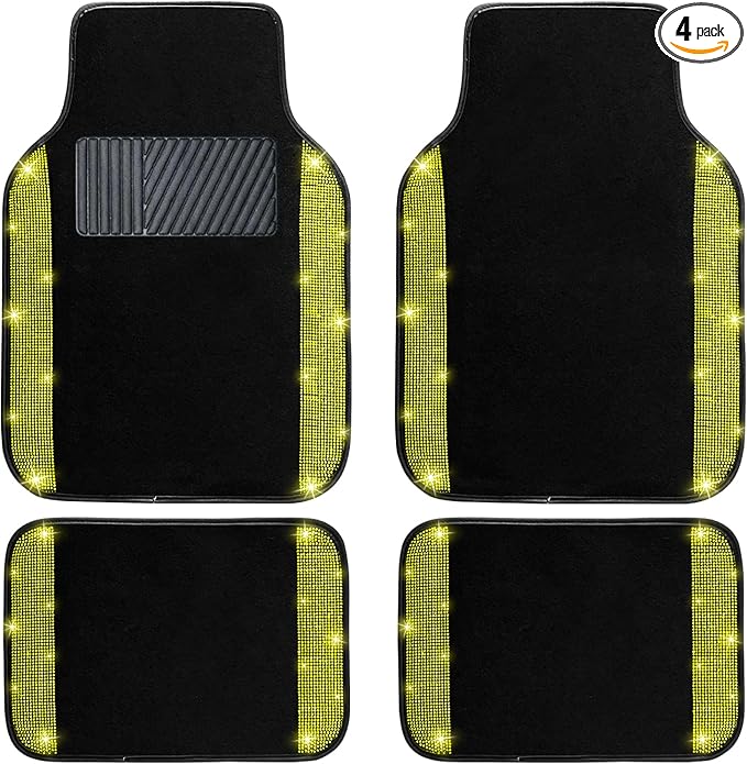 NBTEPEM Bling Car Floor Mats Full Set, Universal Fit Most Cars,SUV, Trucks, 4 pcs Sparkle Glitter Diamond Carpet for Women Girls with Anti-Slip Pad (Yellow Diamond)