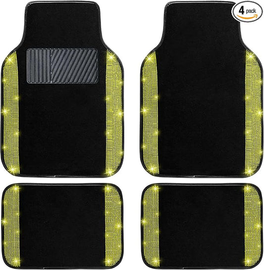 NBTEPEM Bling Car Floor Mats Full Set, Universal Fit Most Cars,SUV, Trucks, 4 pcs Sparkle Glitter Diamond Carpet for Women Girls with Anti-Slip Pad (Yellow Diamond)